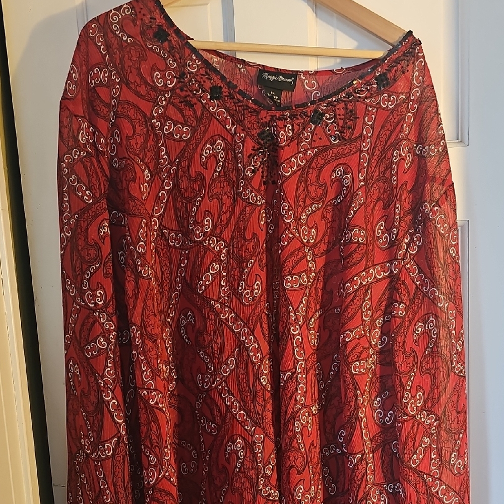Maggie Barnes Red and Black Beaded Paisley Blouse